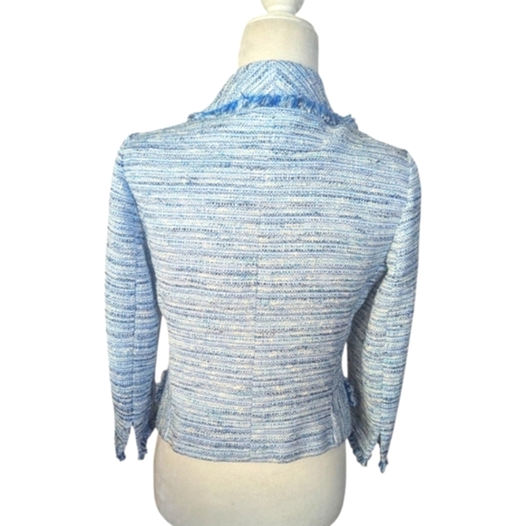 Etcetera Lux Blue Tweed Fringed Cropped Shorter 3/4 Jacket Blazer Sz 6 - Picture 3 of 12
